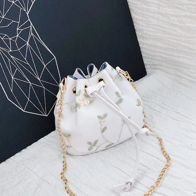 ZOMU Small Flower Embroidery Shoulder Messenger Bag Bucket Bag Handbag