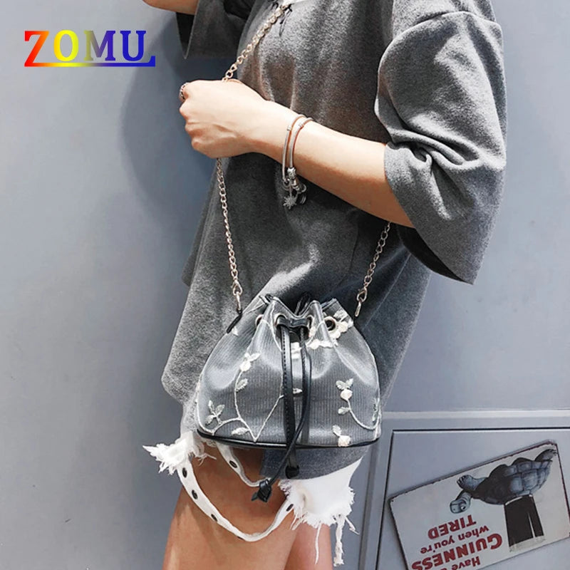 ZOMU Small Flower Embroidery Shoulder Messenger Bag Bucket Bag Handbag