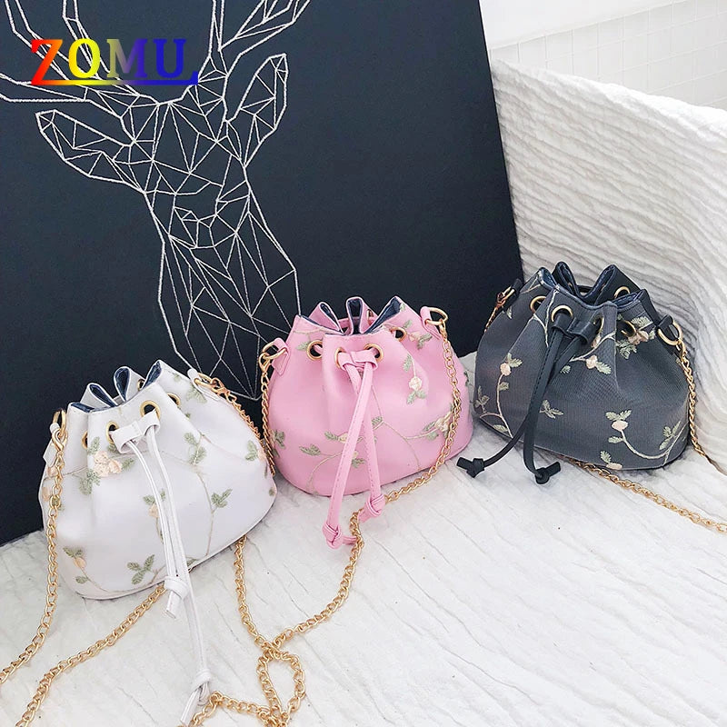ZOMU Small Flower Embroidery Shoulder Messenger Bag Bucket Bag Handbag