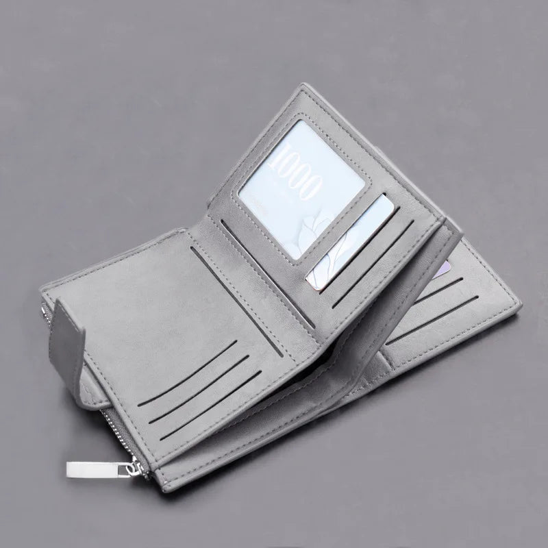 Men's Multi-card Buckle Wallet Short Leather Grey Purse Money Bag