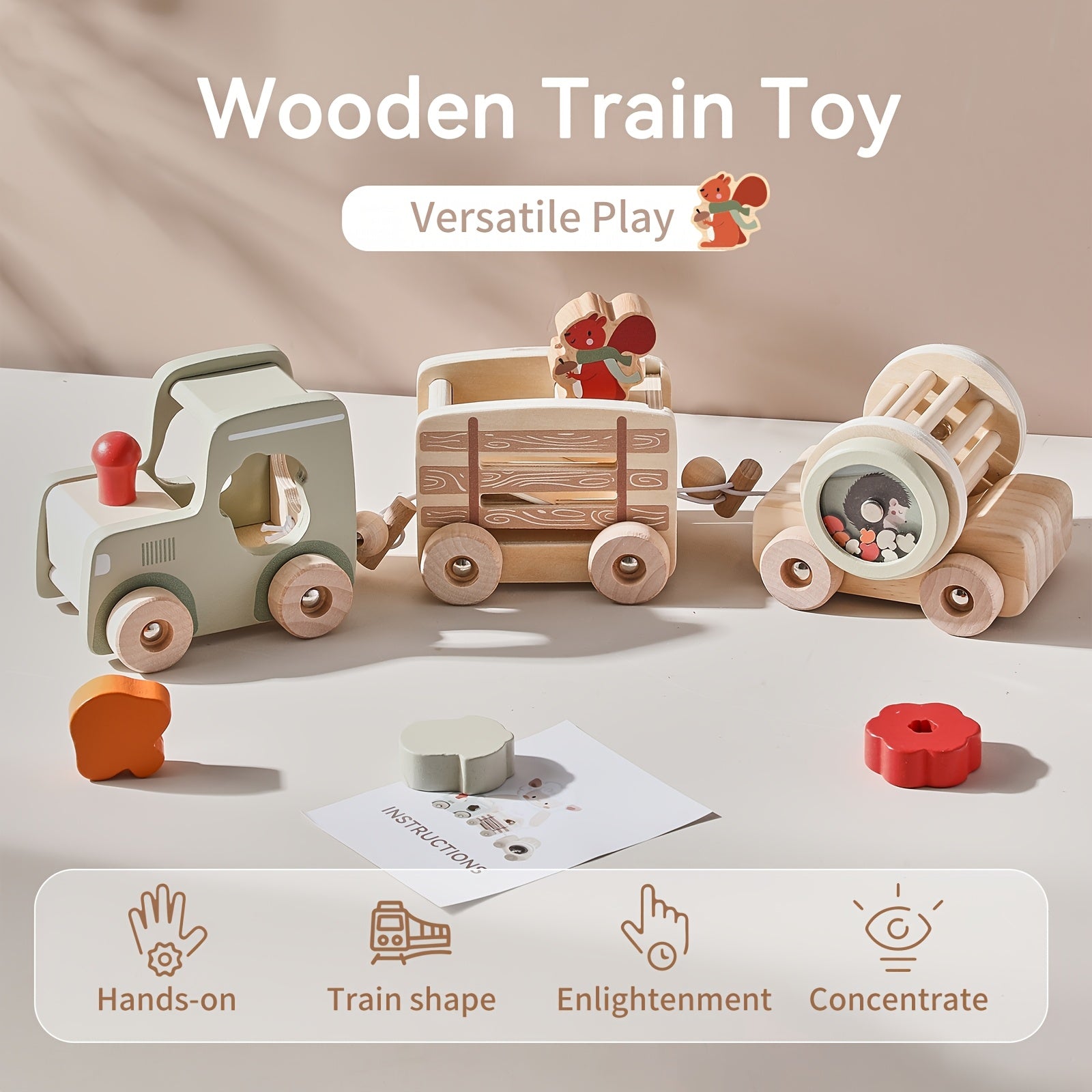 Wooden Train Shape Puzzle Kids Early Educational Matching Toy Squirrel Pulli