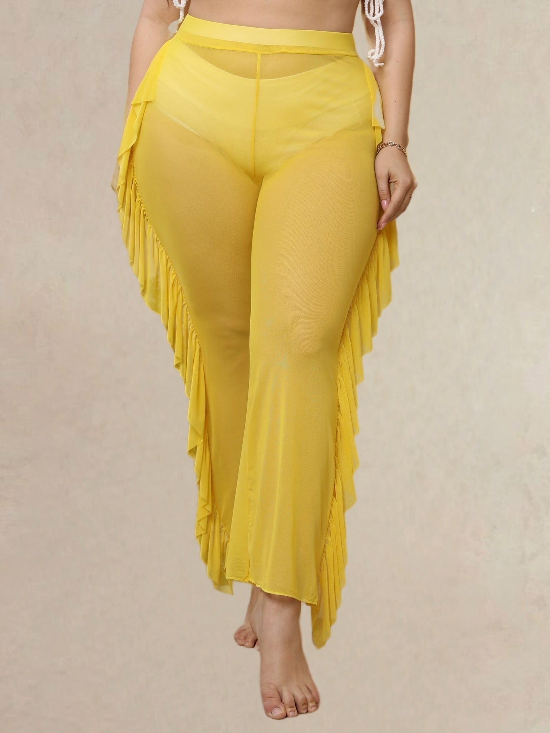  Ruffle Trim Semi Sheer Cover Up Pants