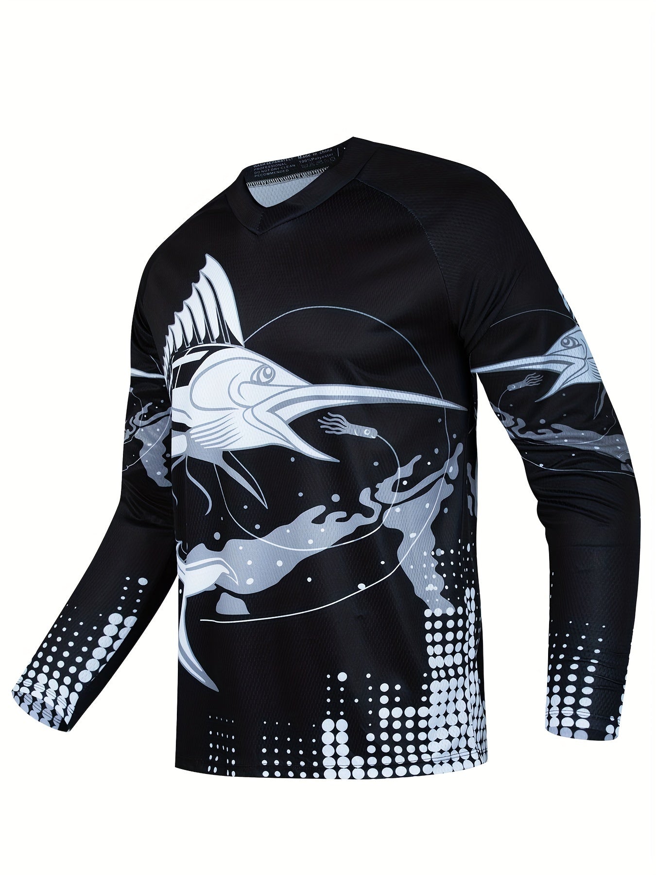 Fish Pattern Men's Quick-drying Stretch Long Sleeve V-neck T-shirt
