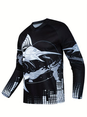 Fish Pattern Men's Quick-drying Stretch Long Sleeve V-neck T-shirt