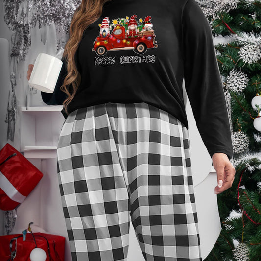  Christmas Lounge Set Gnomes & Truck Print Tee & Plaid Pants Pajamas