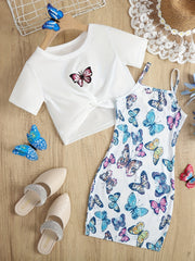 Girls Butterfly Knot Tee Top & Cami Dress Set for Party