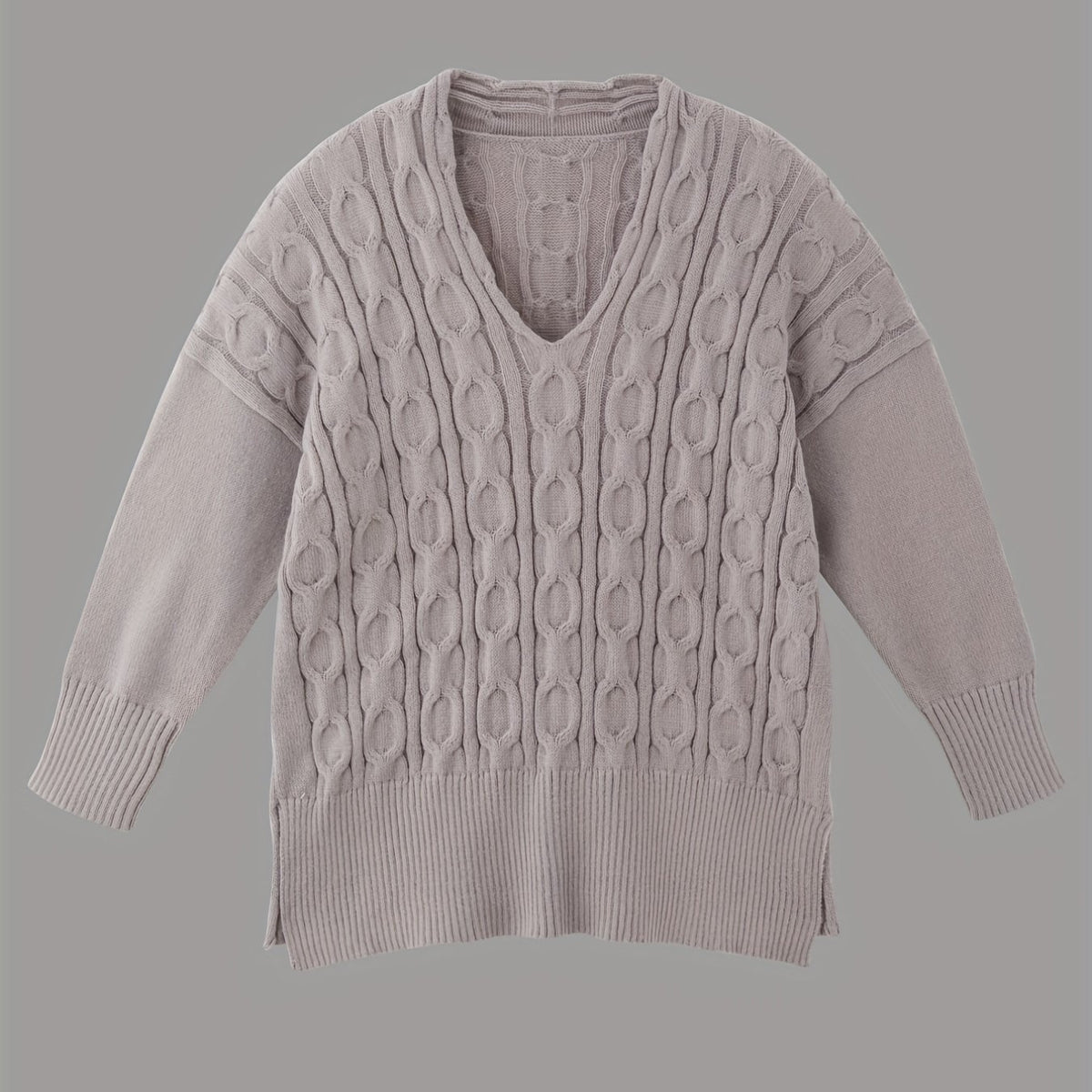  V-Neck Cable Knit Sweater - Long Sleeve Pullover Jumper