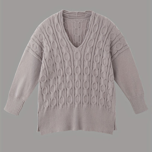  V-Neck Cable Knit Sweater - Long Sleeve Pullover Jumper