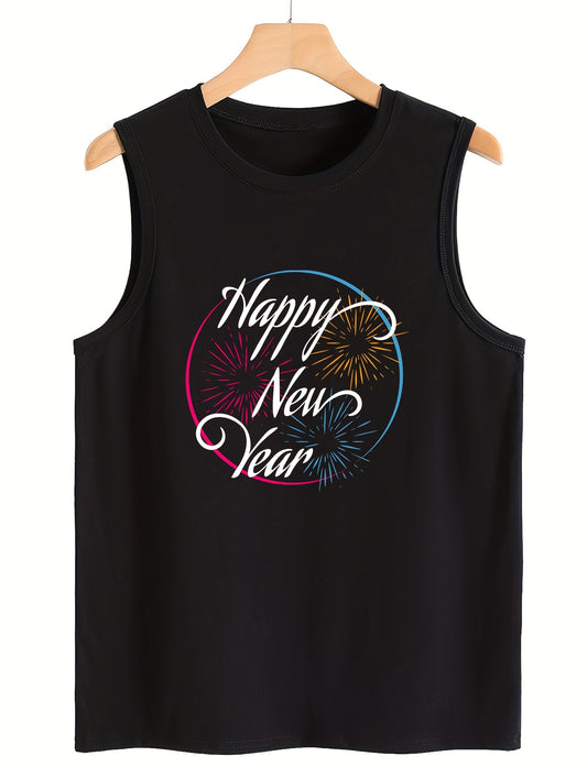 Firework & Letter Print Sleeveless Sports Vest Round Neck Stretchy Casual Tops