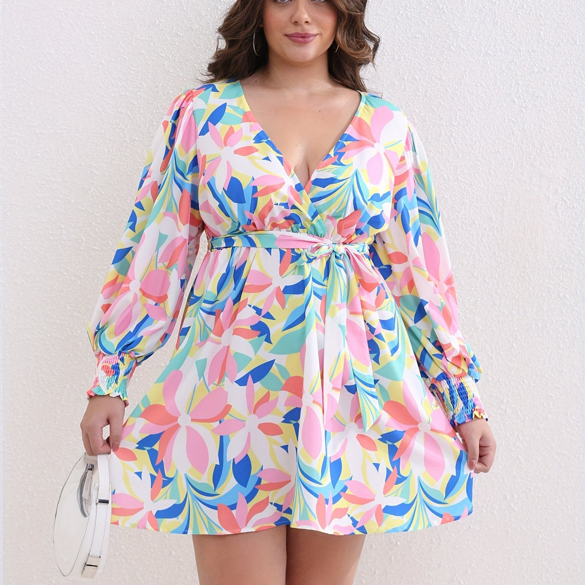  Floral Print Lantern Sleeve Dress With Belt