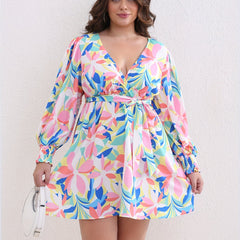  Floral Print Lantern Sleeve Dress With Belt