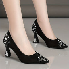 Women's Studded High Heels Slip On Chunky Heels Versatile Sexy Dress Pumps