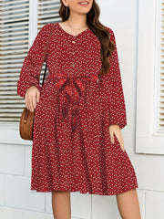 Heart Print Lantern Sleeve V Neck Dress With Belt