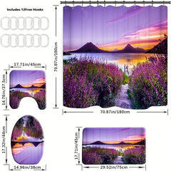 Lavender Shower Curtain Set with Non-Slip Bathroom Rug and 12 Hooks
