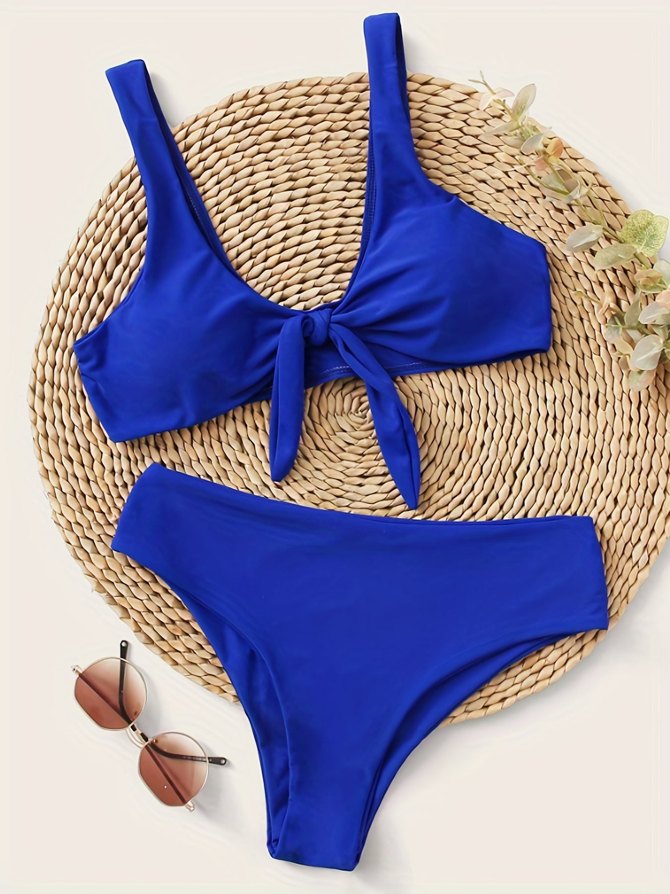 Solid Knot Front V Neck Bikini Set 2 Piece Swimsuit