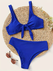 Solid Knot Front V Neck Bikini Set 2 Piece Swimsuit