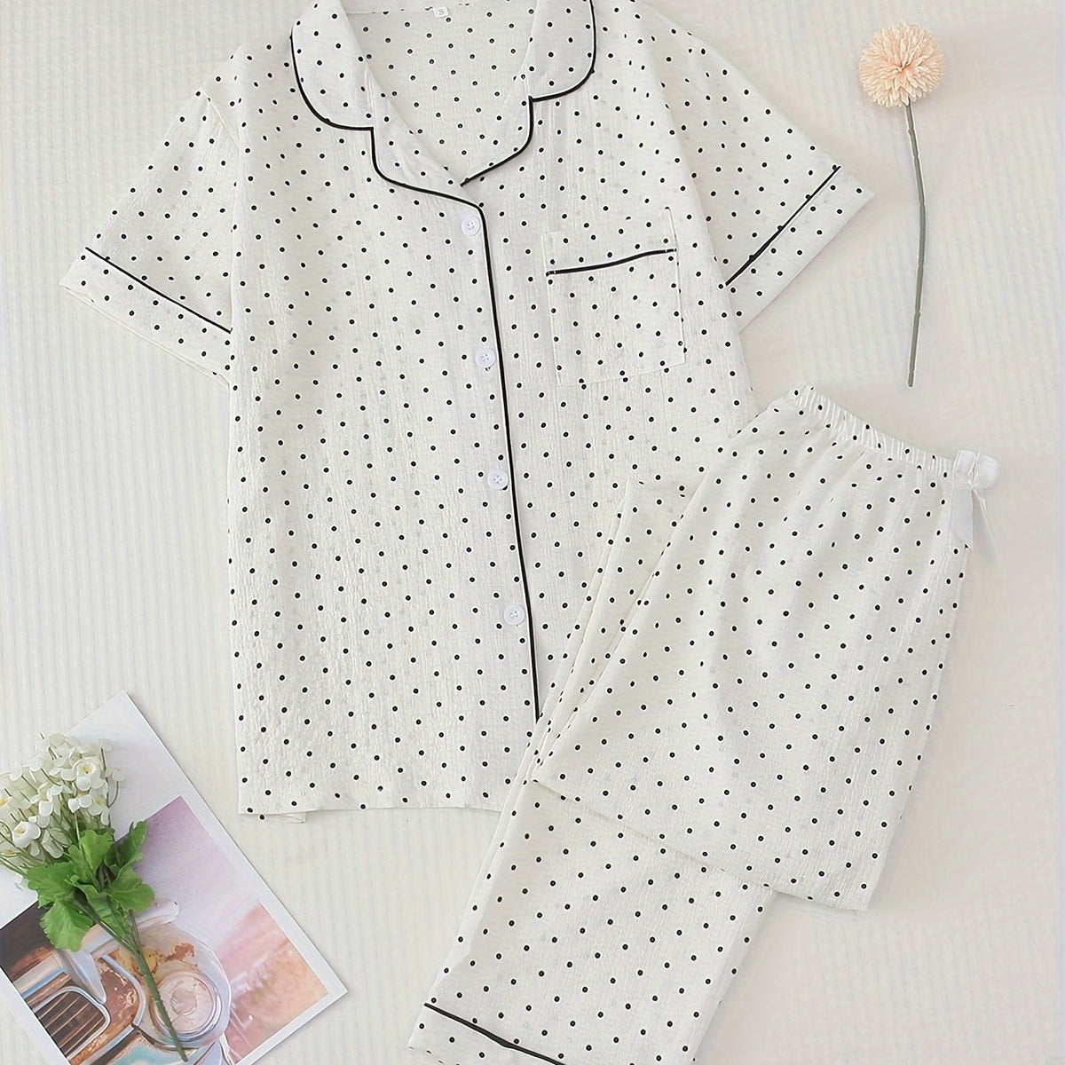 Polka Dot Print Pajama Set Short Sleeve Buttons Top & Elastic Waistband Pants