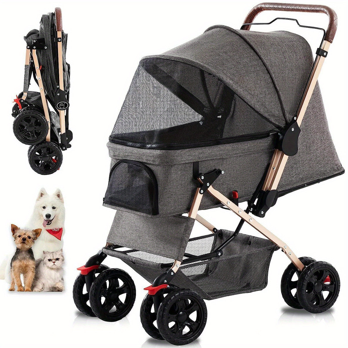 Pet Dog Stroller For Cats & Dogs, Weather Cover, Storage Basket