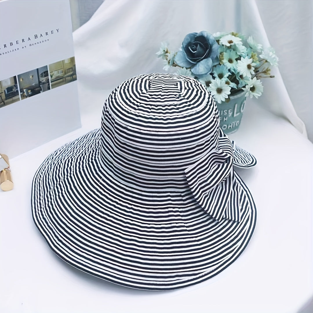 Foldable Striped Sun Hat Casual Bowknot Bucket Hat for Summer