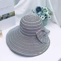 Foldable Striped Sun Hat Casual Bowknot Bucket Hat for Summer