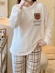 Teddy Bear Pattern Pajamas & Plaid Pants Set