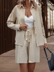 Solid Button Down Pantsuit Casual Two Piece Set