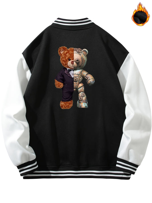 Teddy Bear Graphic Print Men's Casual Baseball Jacket
