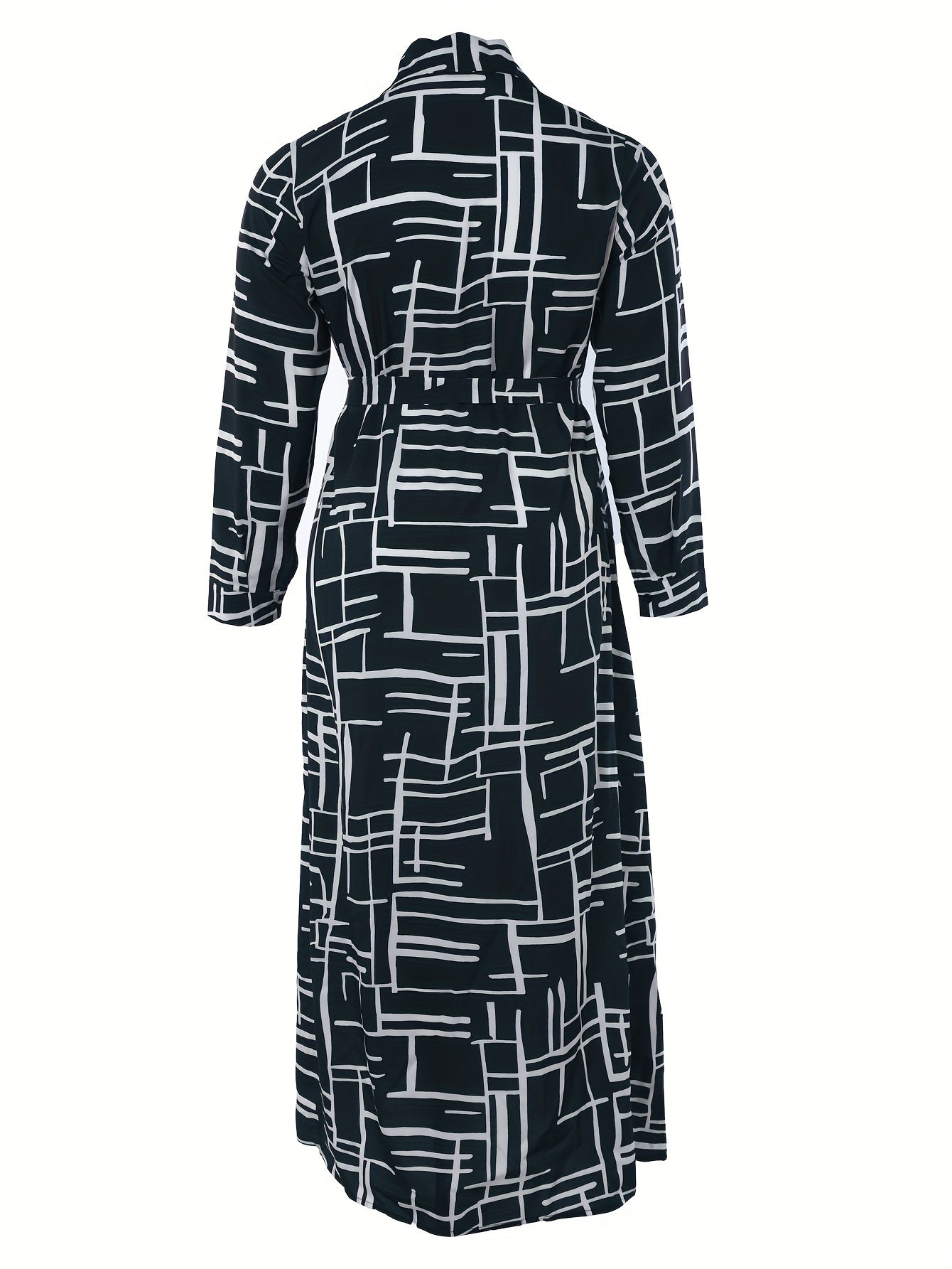 Geometric Print V Neck Long Sleeve Maxi Dress Women's Plus
