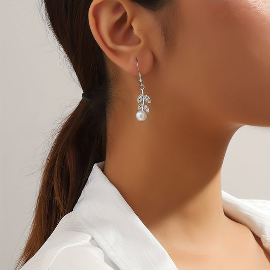 Silvery Leaf Rhinestone Faux Pearl Pendant Earrings Sexy Style