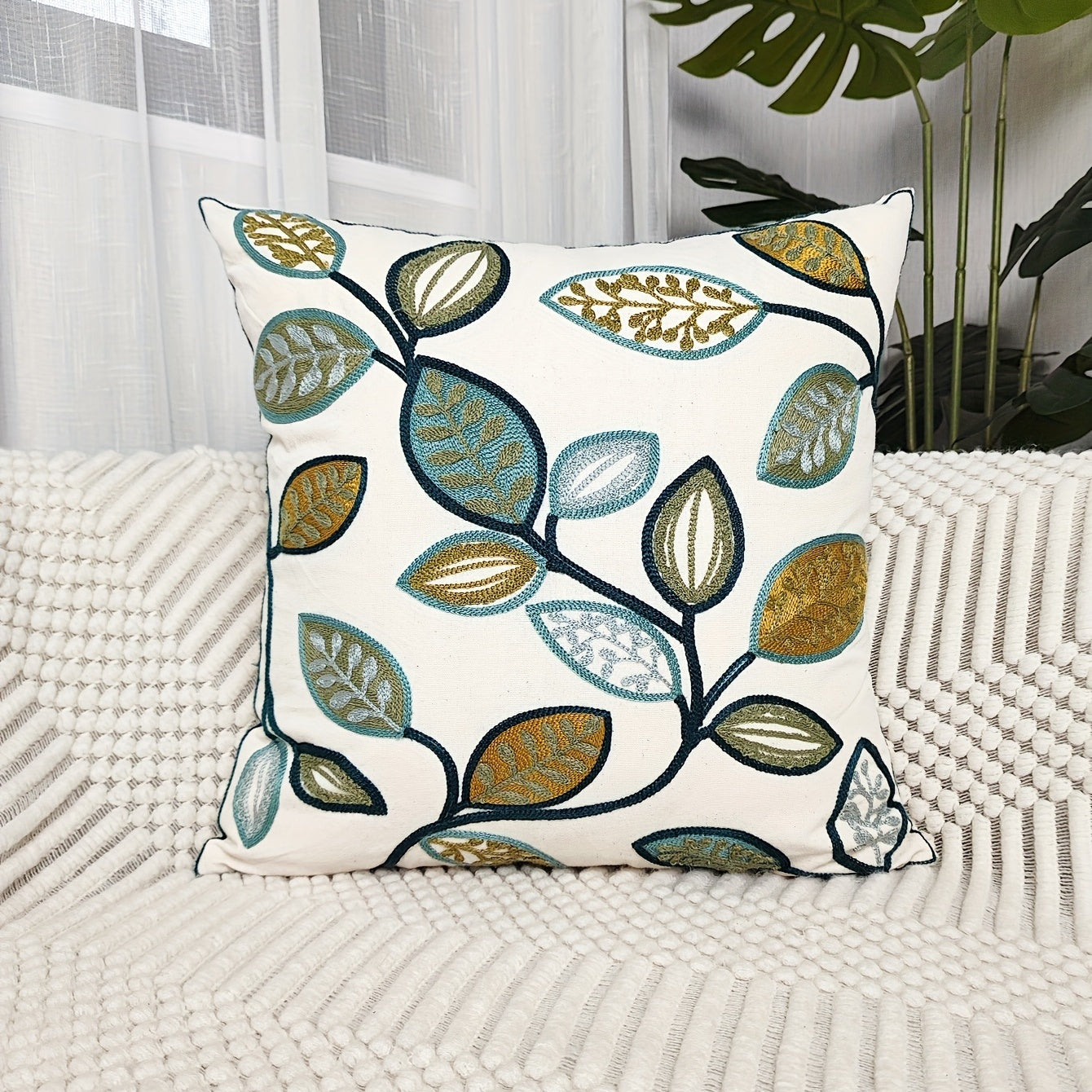 Leaf Embroidered Canvas Throw Pillow Cover for Home Decor