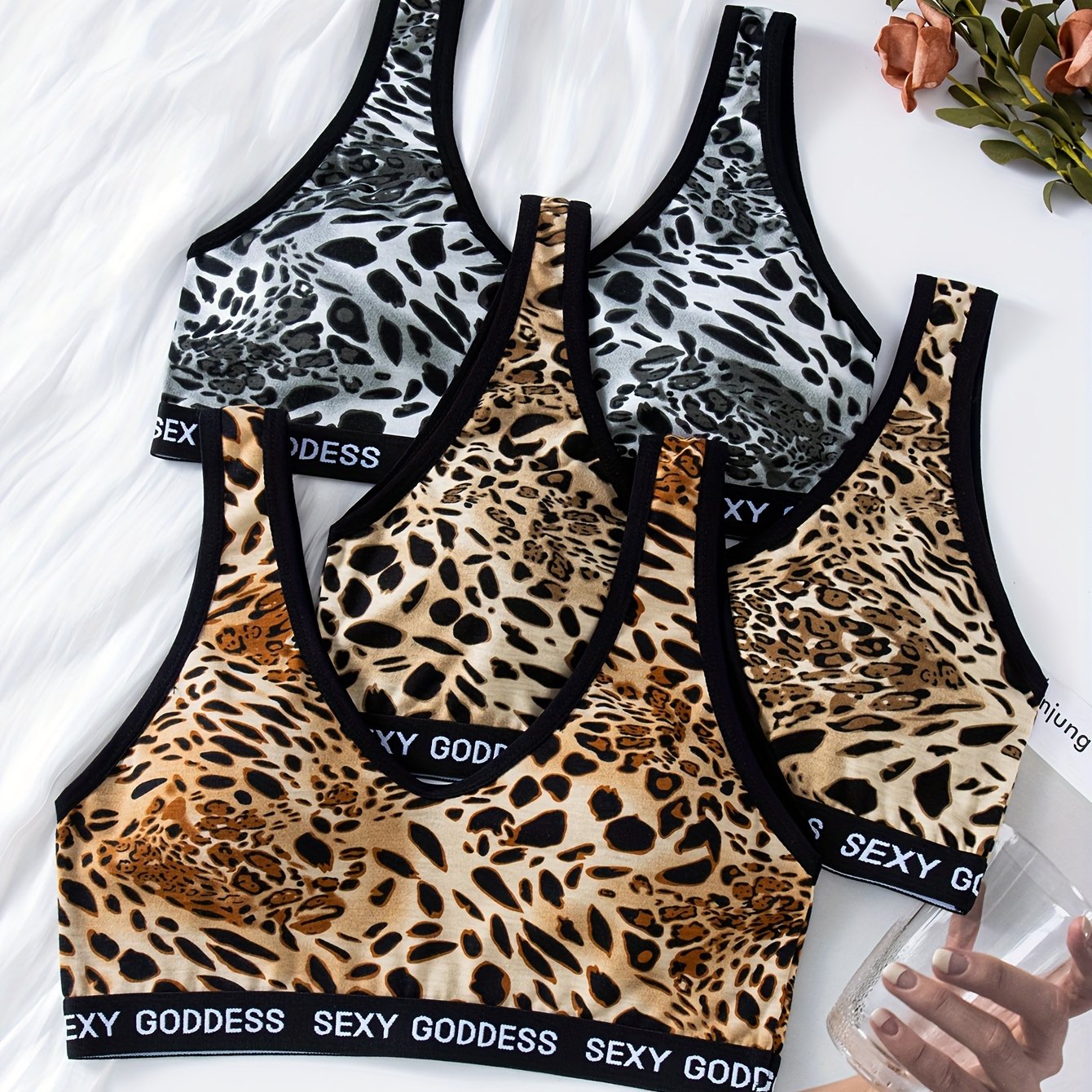 3pcs Leopard Wireless Bras Comfy & Breathable Stretch Bra Women's Lingerie
