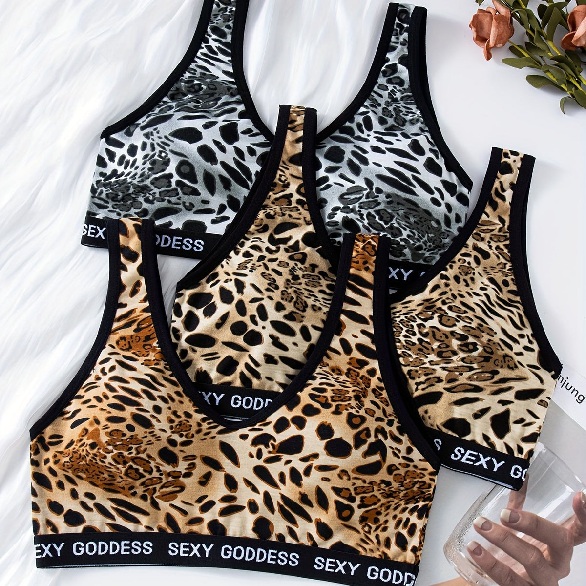 3pcs Leopard Wireless Bras Comfy & Breathable Stretch Bra Women's Lingerie