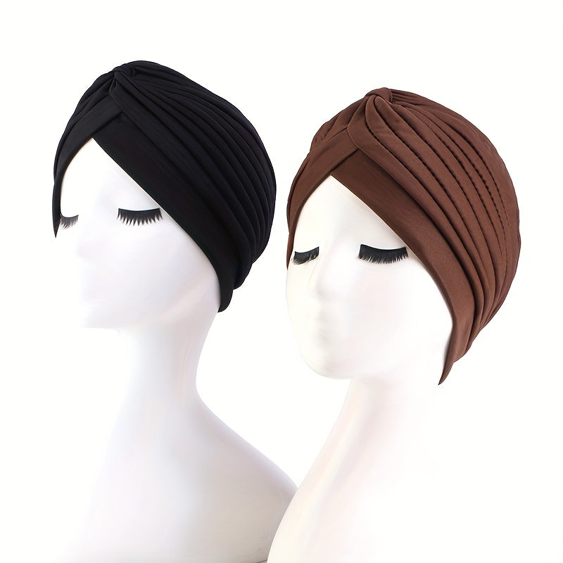 2pcs Solid Turban Cap Pleated Head Wrap Chemo Hats