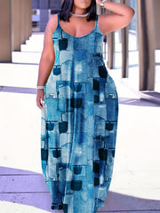 Plus Denim Print V Neck Loose Fit Maxi Dress