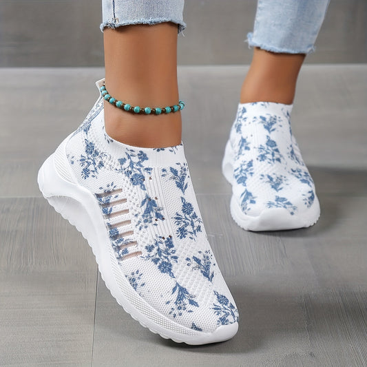 Floral Printed Flatform Sneakers Slip On Sock Knit Shoes