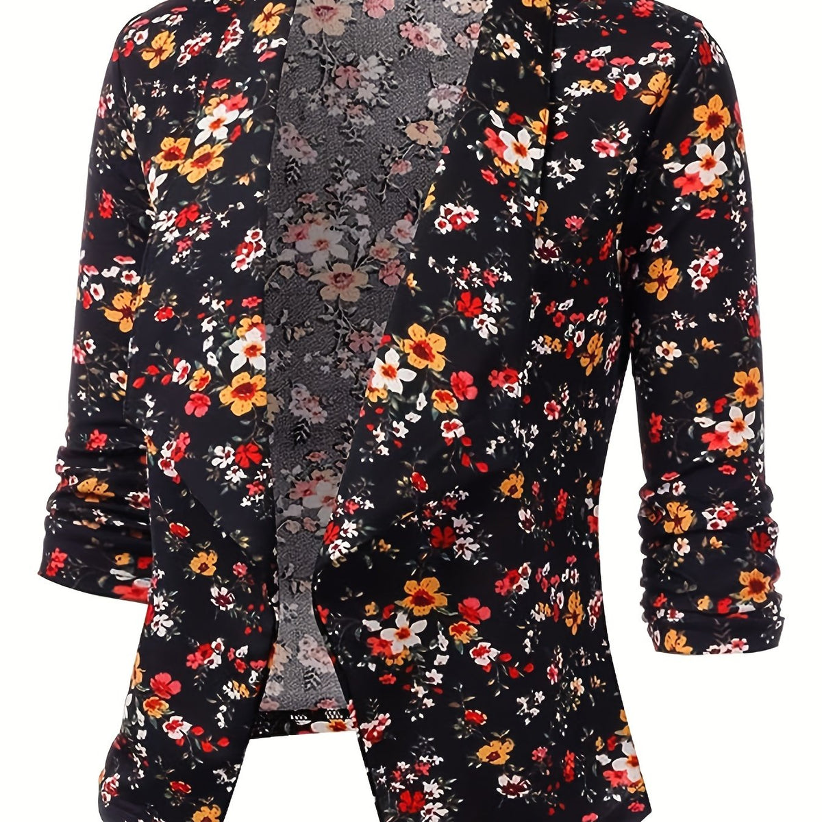  Floral Print Three Quarter Sleeve Blazer