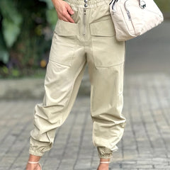  Y2K Cargo Pants Women's Plain Zipper Elastic Button Decor
