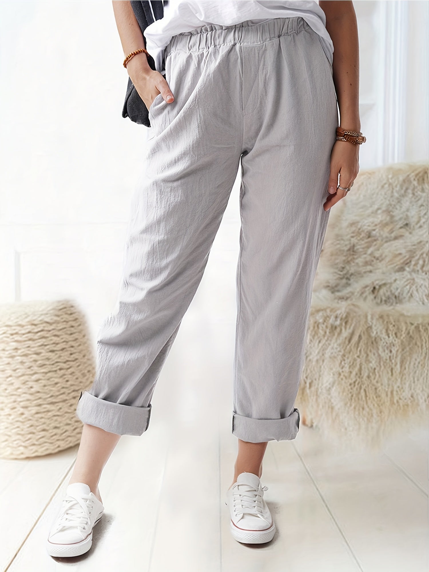  Solid Color High Rise Casual Pants with Pockets