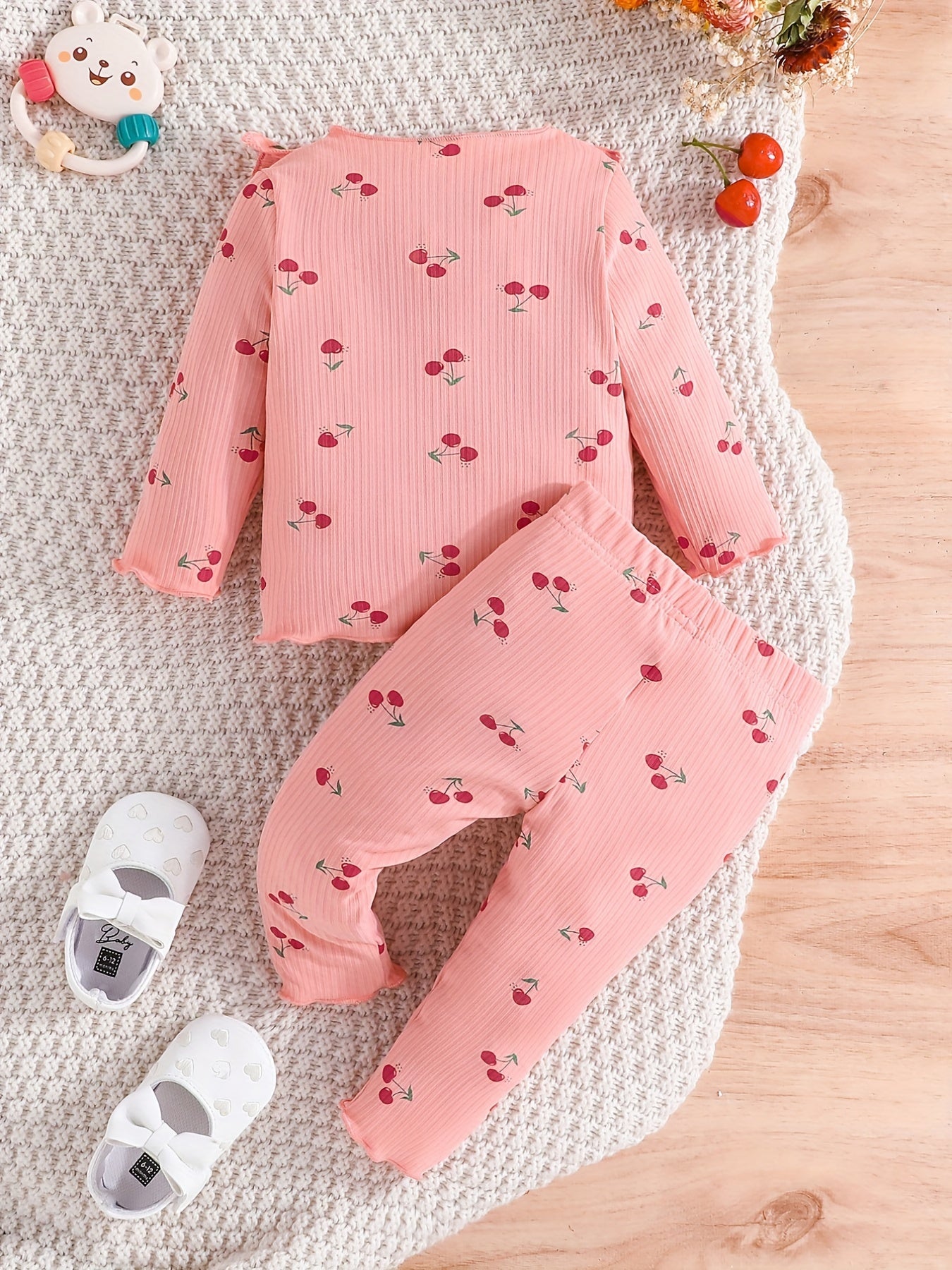 Toddler Girl Cherry Print 2 Piece Set Round Neck Long Sleeve & Trousers