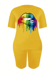 Lips Print Tee & Slim Shorts Set for Women