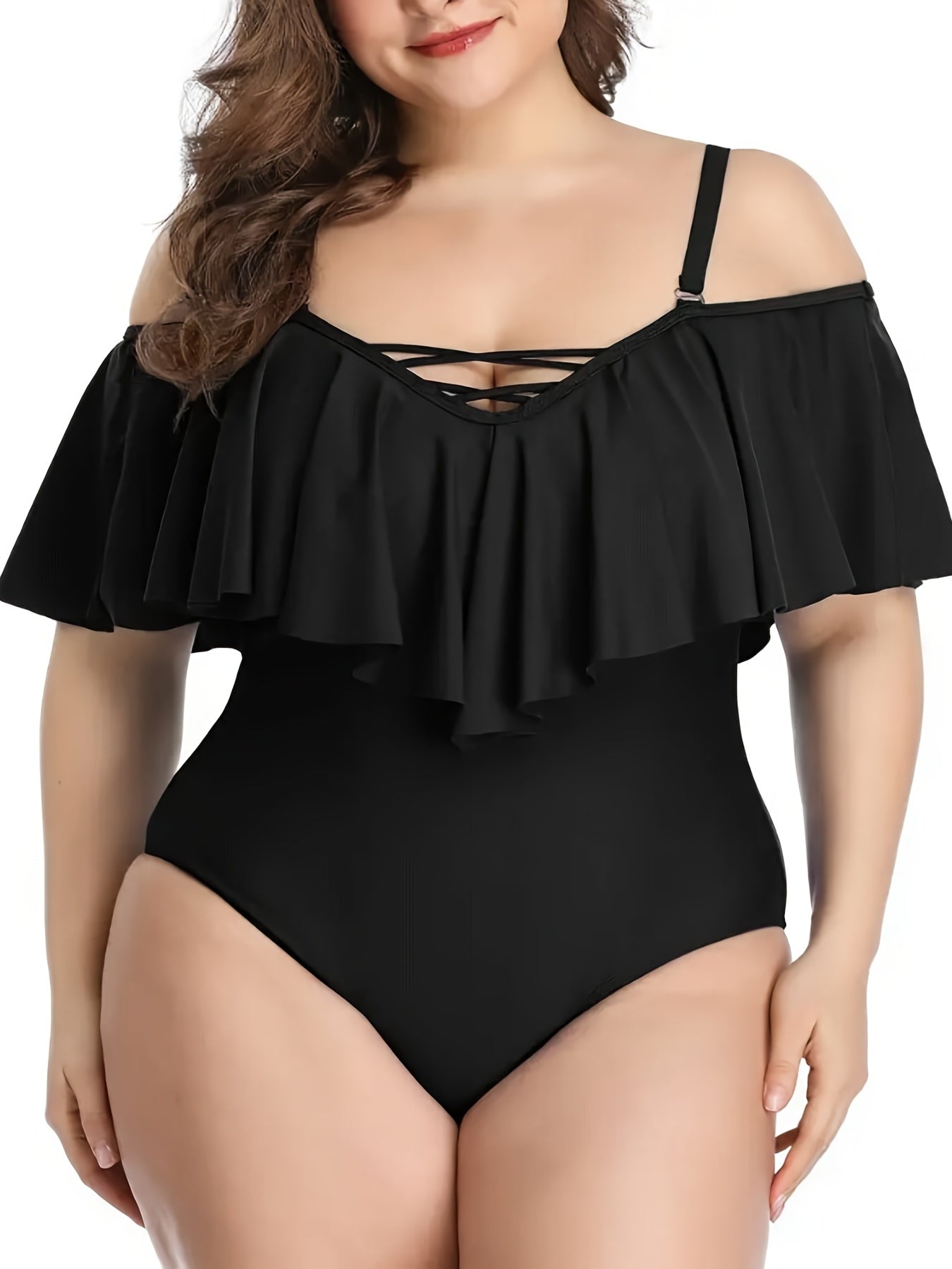  Off Shoulder Ruffle One Piece Swimsuit