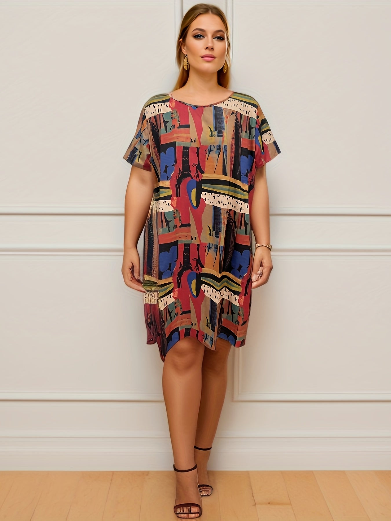  Casual Dress Women's Plus Allover Print Short Sleeve Dress