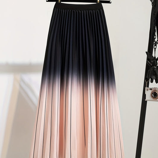  Colorblock Ombre Print Elastic Waisted Pleated Skirt