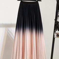  Colorblock Ombre Print Elastic Waisted Pleated Skirt