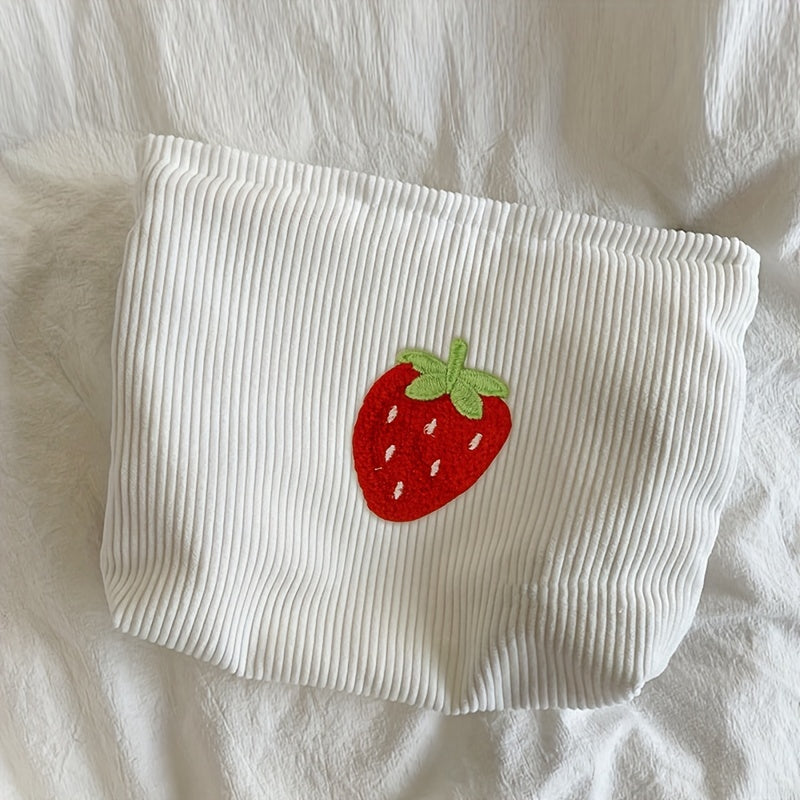 Large Capacity Strawberry Pattern Corduroy Cosmetic Bag