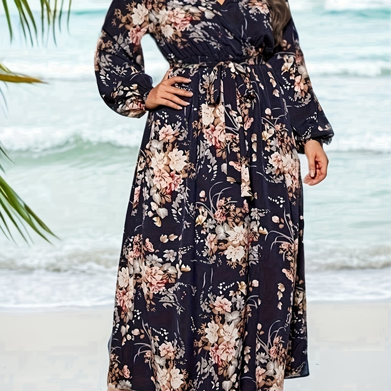  Floral Lantern Sleeve Maxi Dress With Belt