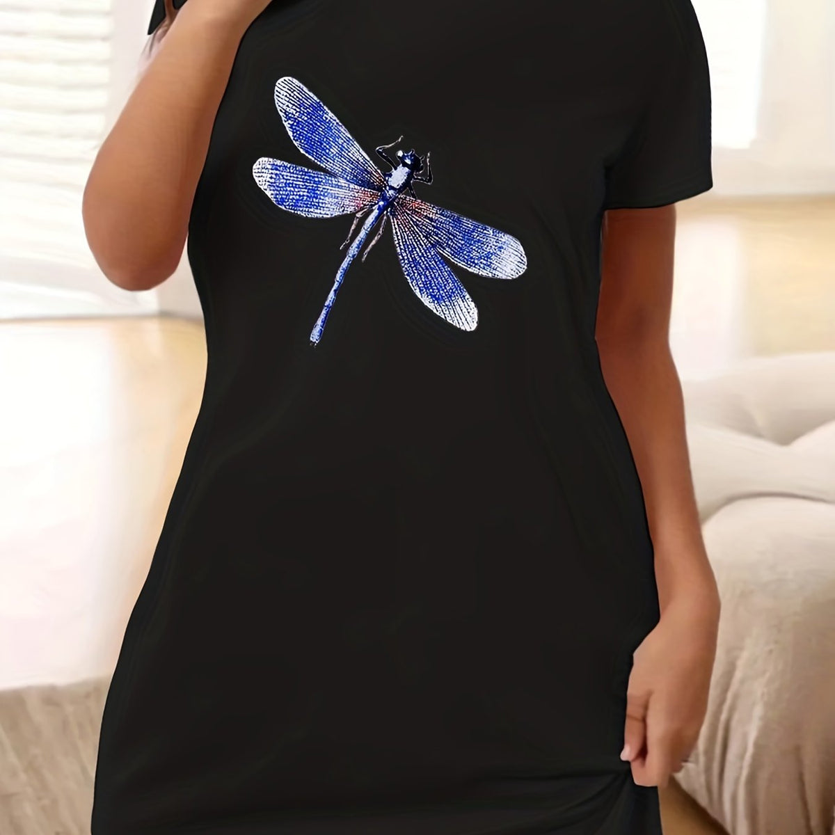 Dragonfly Print Lounge Dress Short Sleeve Round Neck Nightdress