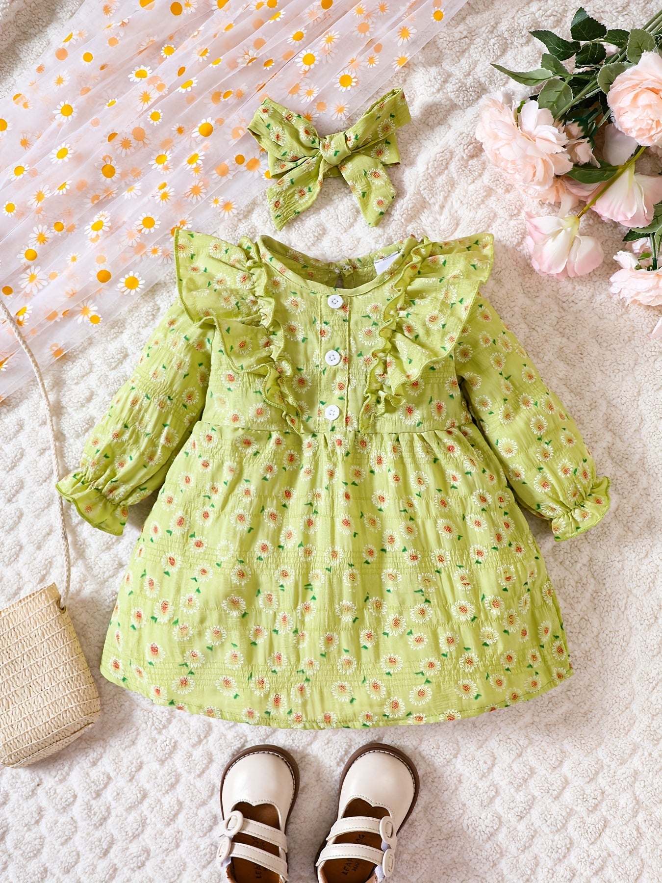 Infant Girl Daisy Print Dress Headband Set