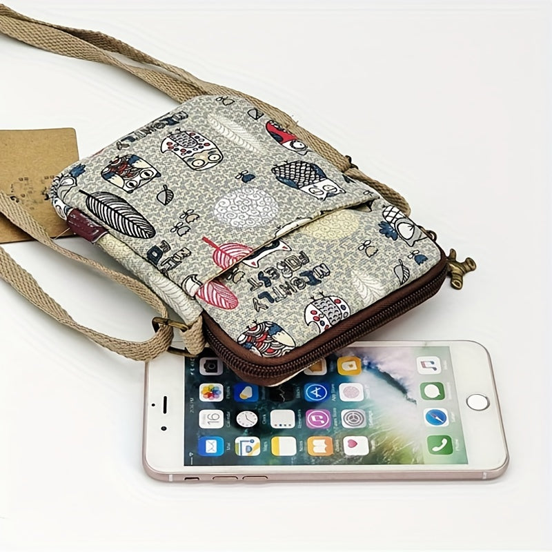 Cartoon Animal Print Phone Bag Lightweight Portable Canvas Crossbody Bag