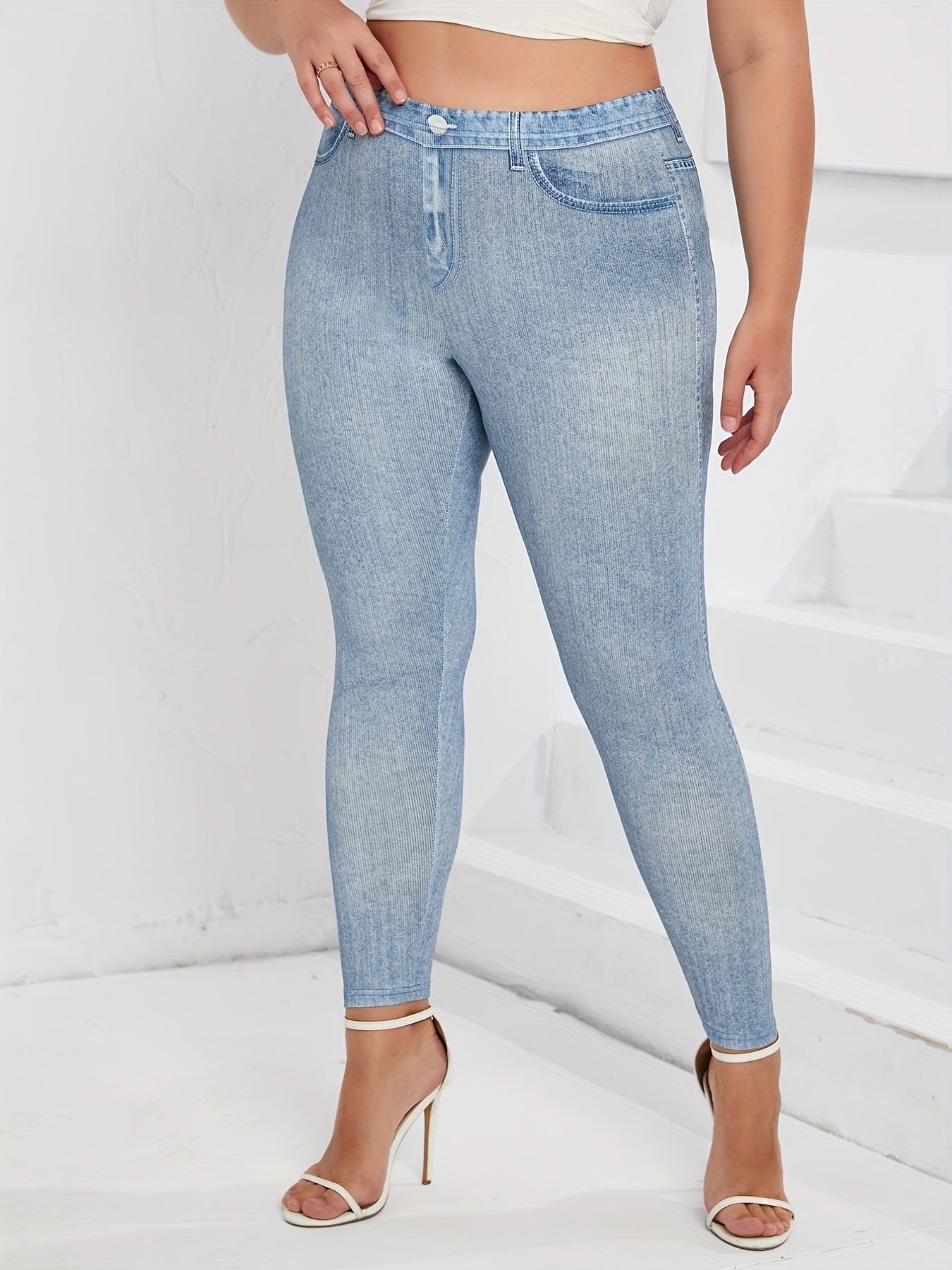  Denim Print High Rise Skinny Leggings